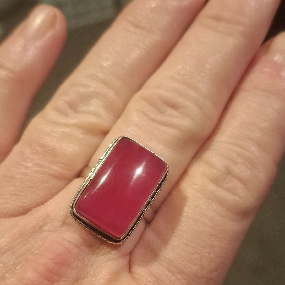 Pink Agate And Silvertone Ring